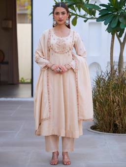 Gahan - Womens Cream Embroidered Silk Blend Flared Anarkali Kurta & Pant with Dupatta