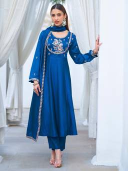 Gahan - Womens Teal Embroidered Silk Blend Flared Anarkali Kurta & Pant with Dupatta