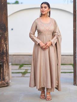 Gahan - Womens Beige Embroidered Silk Blend Flared Anarkali Kurta & Pant with Dupatta