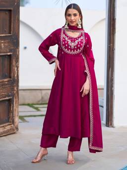 Gahan - Womens Wine Embroidered Silk Blend Flared Anarkali Kurta & Pant with Dupatta