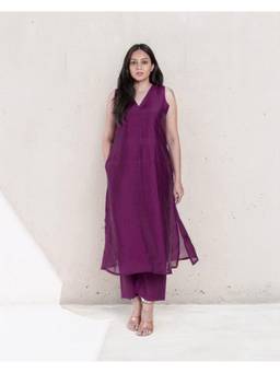 Gahan - Womens Cherry Purple Plain Solid PV Chanderi Straight Kurta & Pant