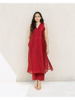 Gahan - Womens Red Plain Solid PV Chanderi Straight Kurta & Pant