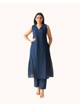 Gahan - Womens Teal Plain Solid PV Chanderi Straight Kurta & Pant
