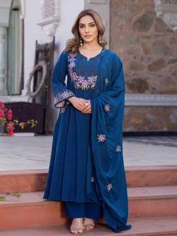 Gahan - Womens Teal Poly Rayon Embroidered Flared Anarkali Kurta with Pant & Dupatta