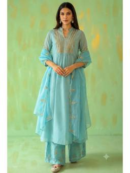 Gahan - Womens Chinon Silk Thread Embroidered Pakistani Anarkali Kurta with Palazzo & Dupatta