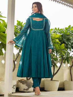 Gahan - Womens Teal Monsoon Embroidered Anakali Kurta & Pant with Organza Dupatta