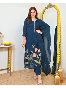 Gahan - Womens Teal PV Chanderi Embroidered Flared Kurta with Pant & Dupatta