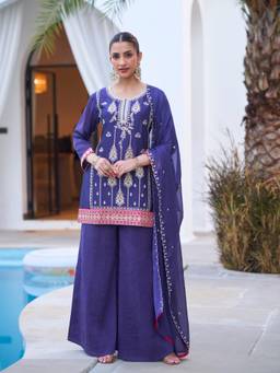 Gahan - Womens Purple Chinon Silk Thread Embroidered Pakistani Kurta with Sharara & Dupatta