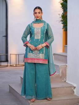 Gahan - Womens Turquoise Chinon Silk Thread Embroidered Pakistani Kurta with Sharara & Dupatta