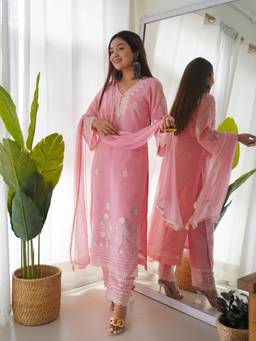 Gahan - Pink Silk Blend Chanderi Embroidered Straight Kurta with Pant & Dupatta
