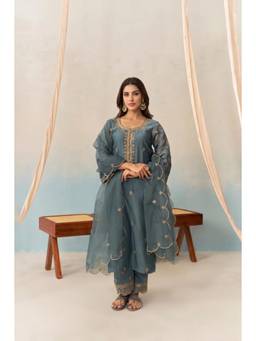 Gahan - Womens Teal Embroidered Straight Kurta with Pant & Dupatta