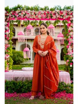 Gahan - Womens Rust Hand & Embroidery Work Flared Anarkali Kurta with Pant & Dupatta