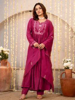 Gahan - Womens Wine Silk Blend Hand & Embroidery Flared Anarkali Kurta with Pant & Dupatta