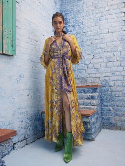 Bhanuni by Jyoti - British Yellow Maxi Dress with Belt (Set of 2)