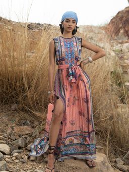 Bhanuni by Jyoti - Pastel Cornflower Rouge Pink Maxi Dress with Belt (Set of 2)