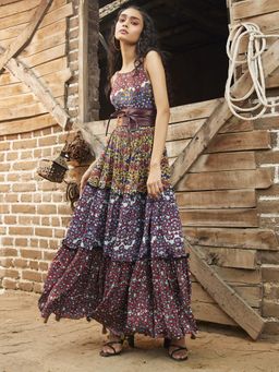 Bhanuni by Jyoti - Cobalt Brown Maxi Dress with Belt (Set of 2)