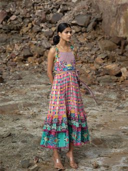 Bhanuni by Jyoti - Multi-Colour Ultramarine Maxi Dress with Belt (Set of 2)