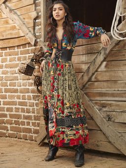 Bhanuni by Jyoti - Multi-Colour Hazel Wood Maxi Dress with Belt (Set of 2)