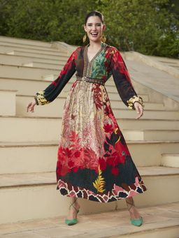 Bhanuni by Jyoti - Rose Red Maxi Dress with Belt (Set of 2)