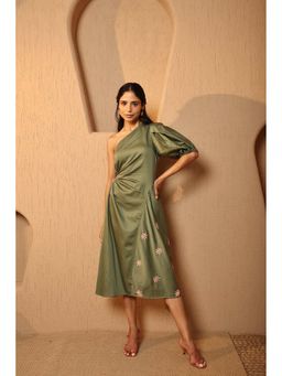 Manvi Daga - Olive Flora One Shoulder Dress
