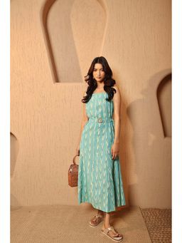 Manvi Daga - Teal Wash Belted Midi Dress (Set of 2)
