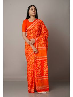 Unnati Silks - Orange Pure Krisha Block Printed Cotton Saree with Unstitched Blouse