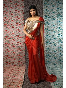 Payal Dawar - Rust Yards Of Grace Pre Draped Saree with Stitched Blouse