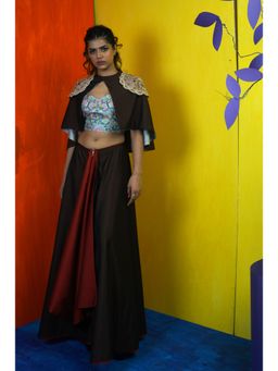 Payal Dawar - Maroon The Queen Crop Top with Skirt and Cape (Set of 3)