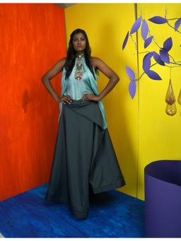 Payal Dawar - Blue Drapy Tricks Top with Skirt (Set of 2)
