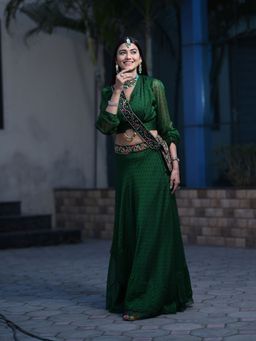 Payal Dawar - Green Ethnic Chic Crop Top with Skirt and Sling Bag (Set of 3)