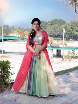 Payal Dawar - Blue Panelled Classic Lehenga with Blouse and Cape and Belt (Set of 4)