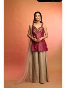Payal Dawar - Wine Fusion Banarasi Short Kurta with Palazzo and Dupatta (Set of 3)
