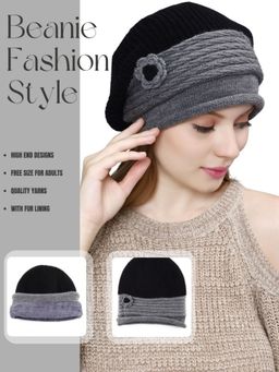 Bharatasya - Womens Knitted Flower Patch Winter Fur Beanie - Black