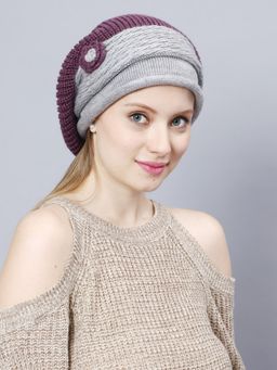 Bharatasya - Womens Knitted Flower Patch Winter Fur Beanie - Purple