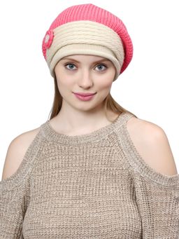Bharatasya - Womens Knitted Flower Patch Winter Fur Beanie - Pink