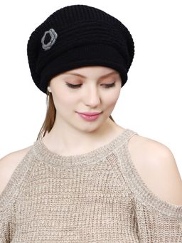 Bharatasya - Womens Knitted Flower Patch Winter Fur Beanie - Black