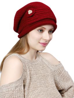 Bharatasya - Womens Knitted Flower Patch Winter Fur Beanie - Maroon