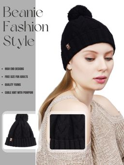 Bharatasya - Cable Knit Pom Beanie Cap - Black