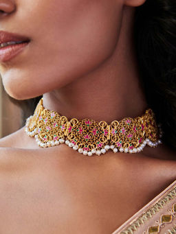 ZARIIN - 22KT Gold Dipped in Pink Enamel Lotus Lace Choker Necklace