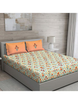 GM - Orange And Green Floral 144 Tc Cotton Queen Bedsheet With 2 Pillow Covers