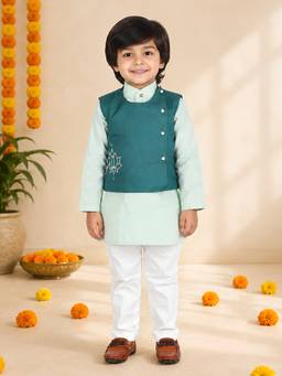 Polka Tots - Cotton Ethnic Wear Embroidered Kurta with Pyjama & Waistcoat - Green