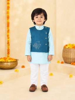 Polka Tots - Cotton Ethnic Wear Embroidered Kurta with Pyjama & Waistcoat - Blue