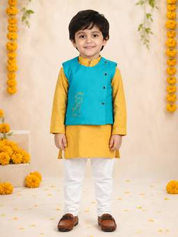 Polka Tots - Cotton Ethnic Wear Embroidered Kurta with Pyjama & Waistcoat - Yellow