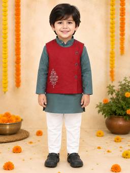 Polka Tots - Cotton Ethnic Wear Embroidered Kurta with Pyjama & Waistcoat - Grey