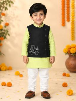 Polka Tots - Cotton Ethnic Wear Embroidered Kurta with Pyjama & Waistcoat - Green