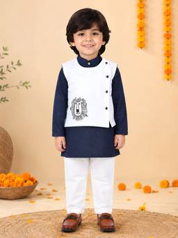Polka Tots - Cotton Ethnic Wear Embroidered Kurta with Pyjama & Waistcoat - Navy Blue