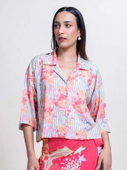 Freedom Tree - Pink Vasaka Digitally Printed Floral Striper Crop Shirt