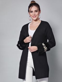 Mafadeny - Women Solid Long Sleeves Shawl Lapel Viscose Black Winter Shrug