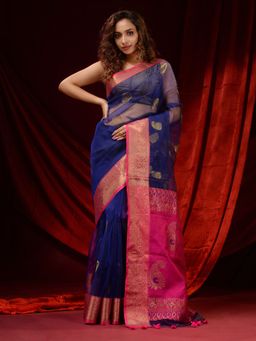CHARUKRITI - Indigo Blue Muslin Paisley Motifs and Zari Woven Designs Saree with Unstitched Blouse