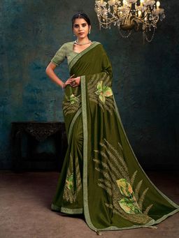 Odette - Olive Green Silk Georgette Designer Saree with Unstitched Blouse